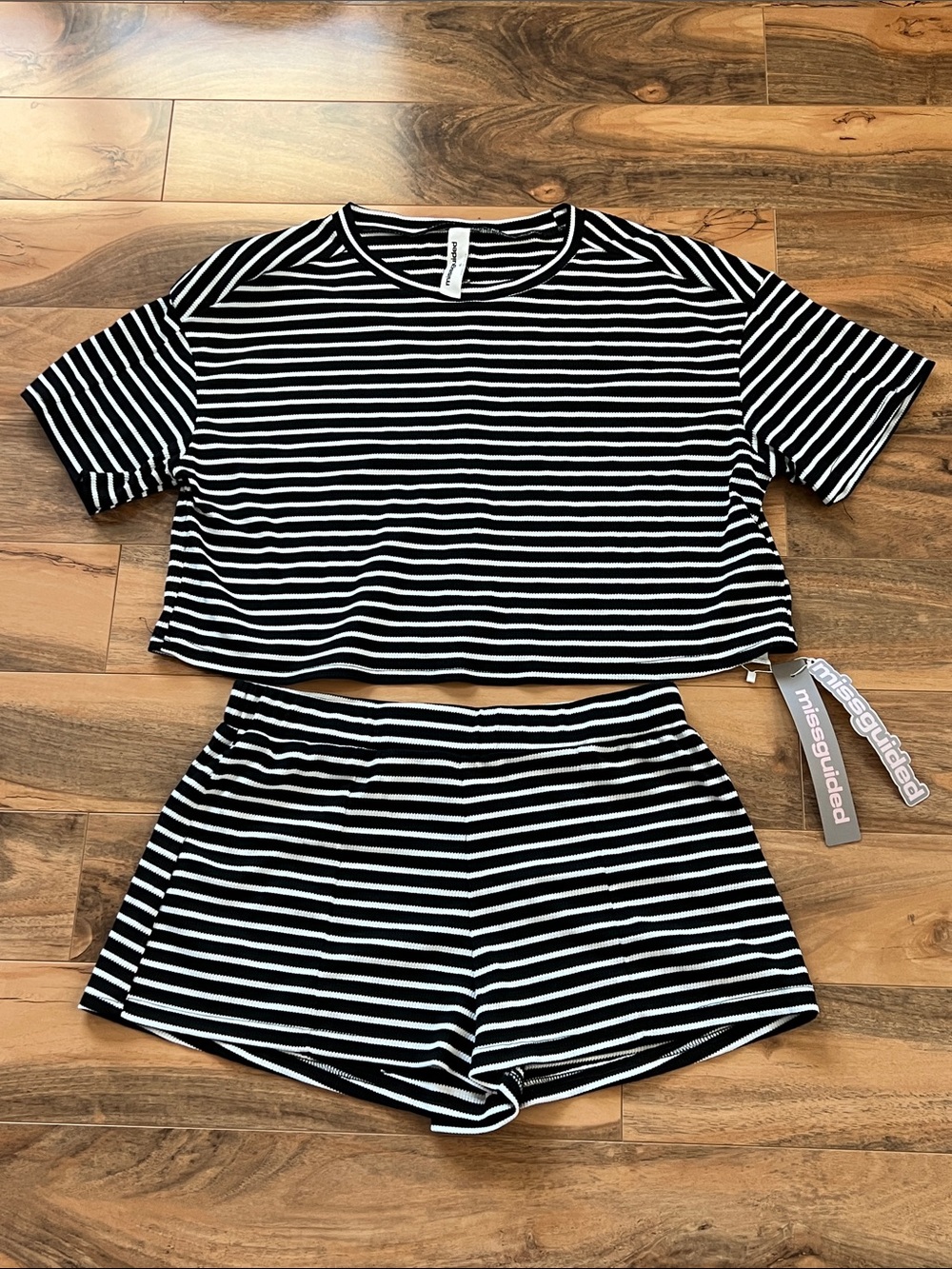 Black White Striped Matching Set Crop Top Shorts Two Piece NWT XL Missguided